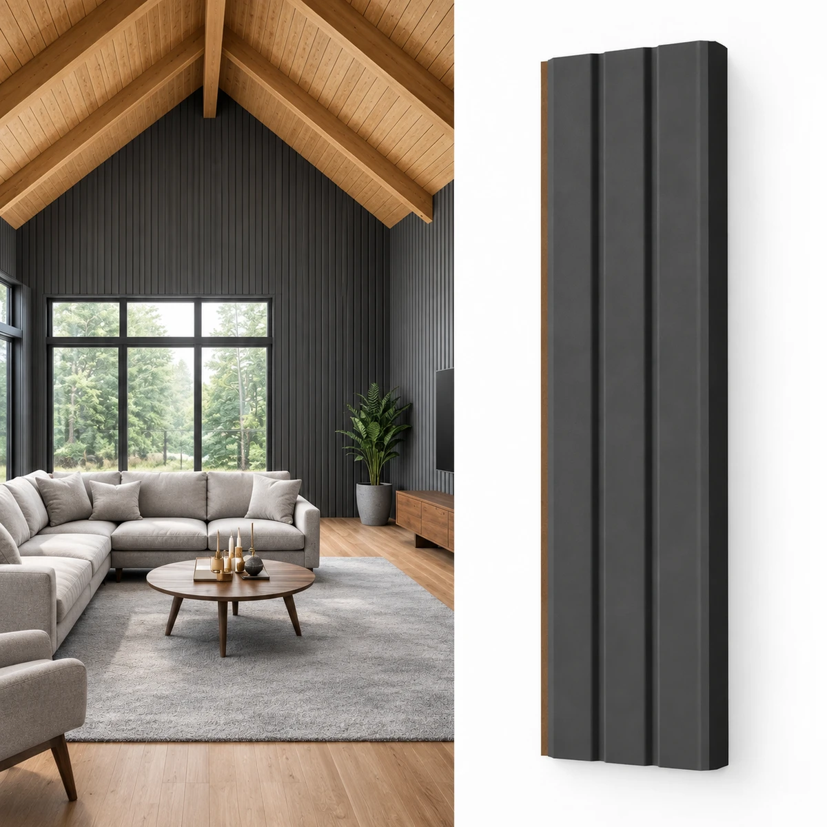 Стеновые панели Slat Style Grey: графичный ритм серых реек в интерьере.