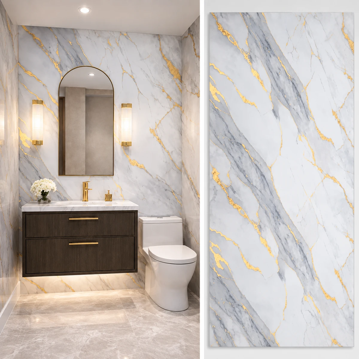 Интерьерная ПВХ‑панель Gilded Oriental White: белая основа с позолоченными восточными узорами.